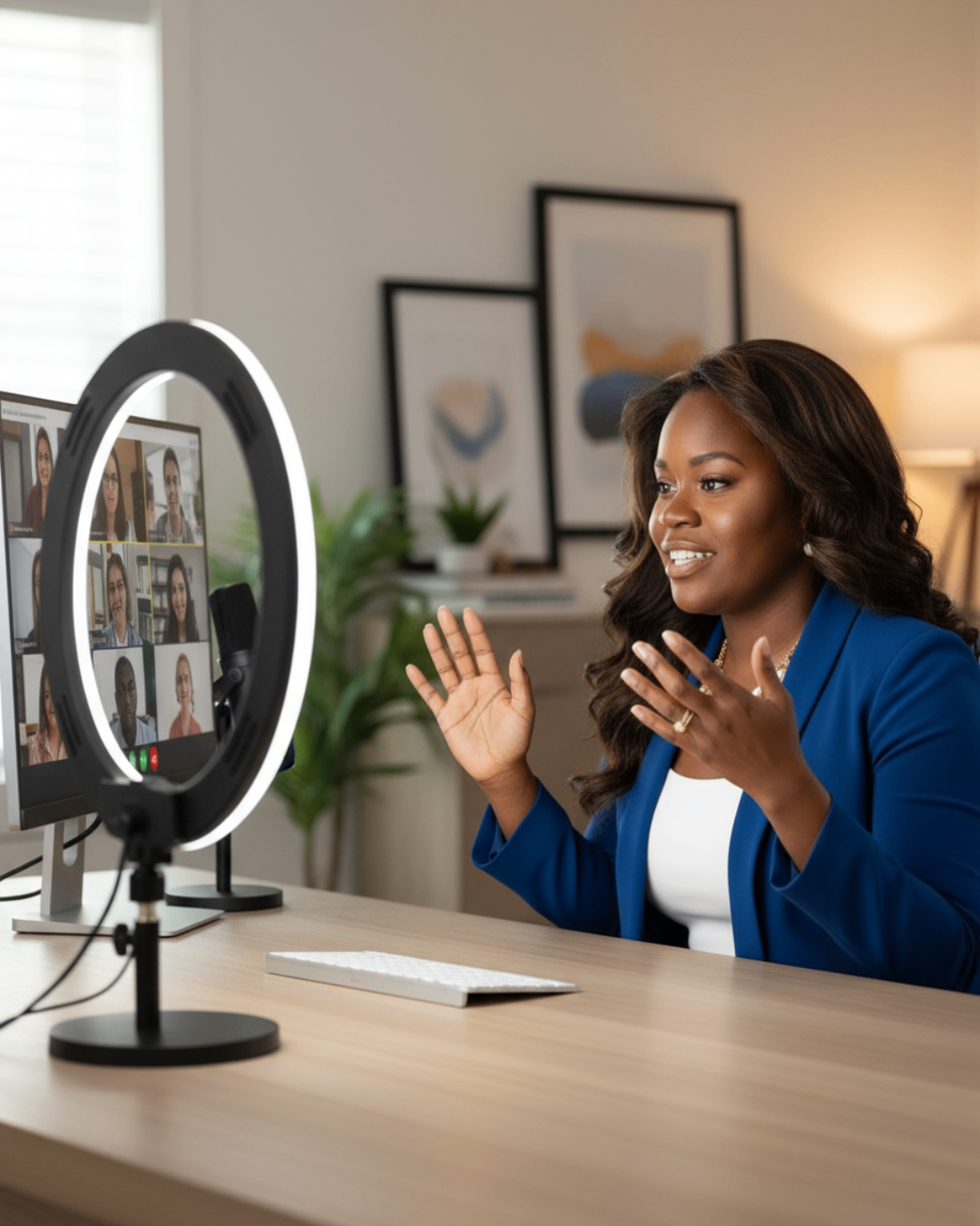 Jessica LaShawn speaking on a broadcast set about business education and community programming